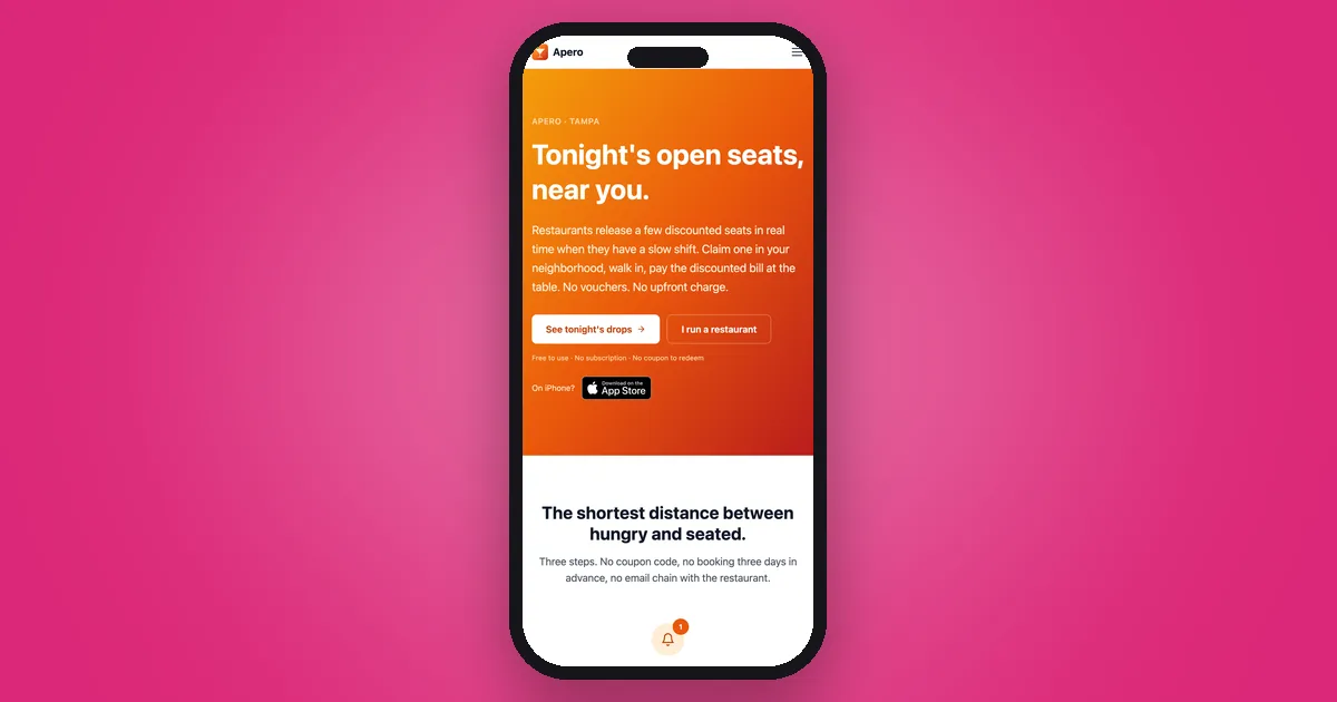 The Apero home page on an iPhone: "Tonight's open seats, near you.", with a button to see tonight's drops.
