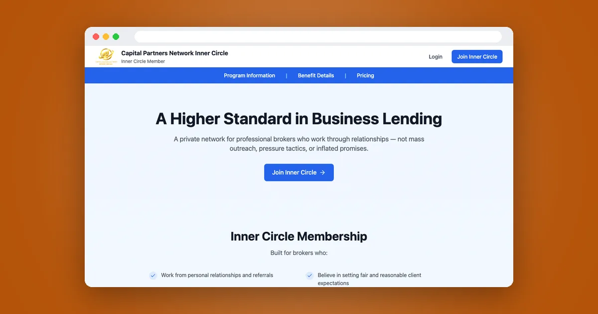 The Capital Partners Network Inner Circle home page in a browser window: "A Higher Standard in Business Lending".
