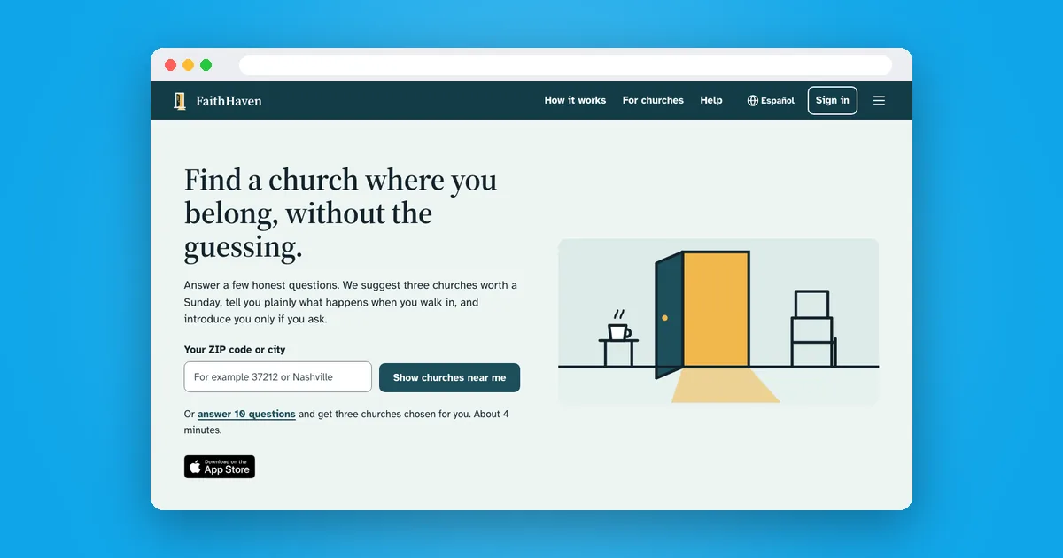 The FaithHaven home page in a browser window: "Find a church where you belong, without the guessing", with a box to enter a ZIP code or city.