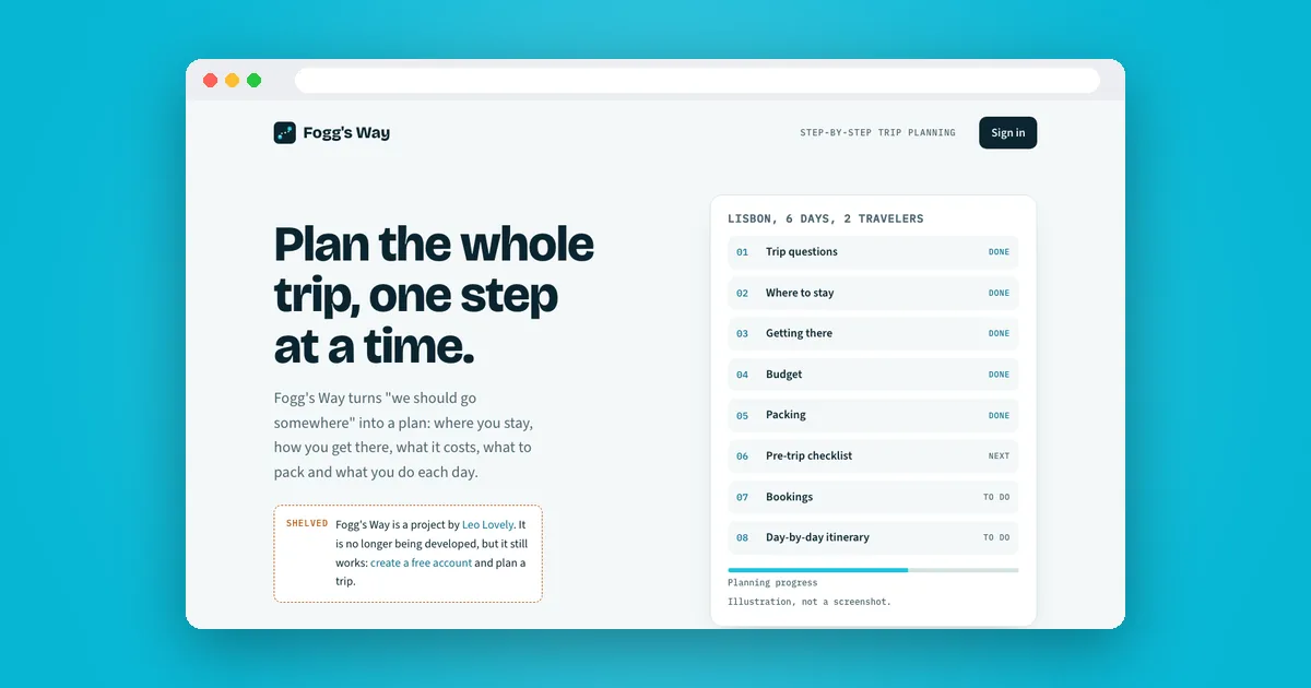 The Fogg's Way home page in a browser window: the headline Plan the whole trip, one step at a time, beside an illustrated trip plan with its eight steps.