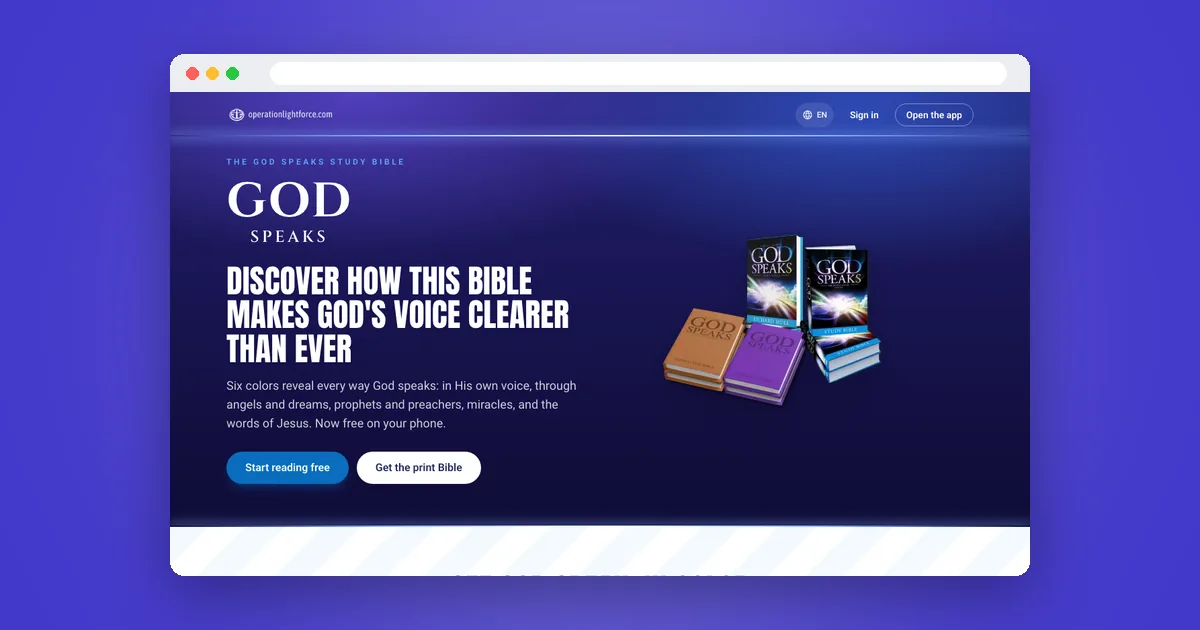 The God Speaks Bible home page in a browser window: a headline about how this Bible makes God's voice clearer, beside a stack of printed Bibles.