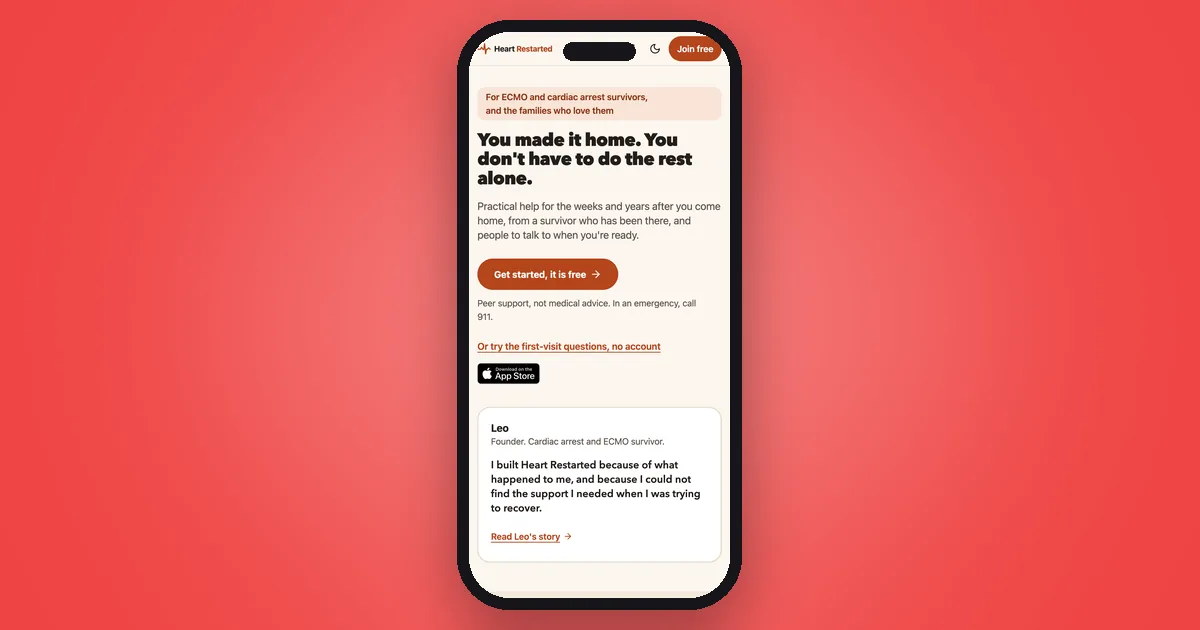 The Heart Restarted home page on an iPhone: "You made it home. You don't have to do the rest alone."