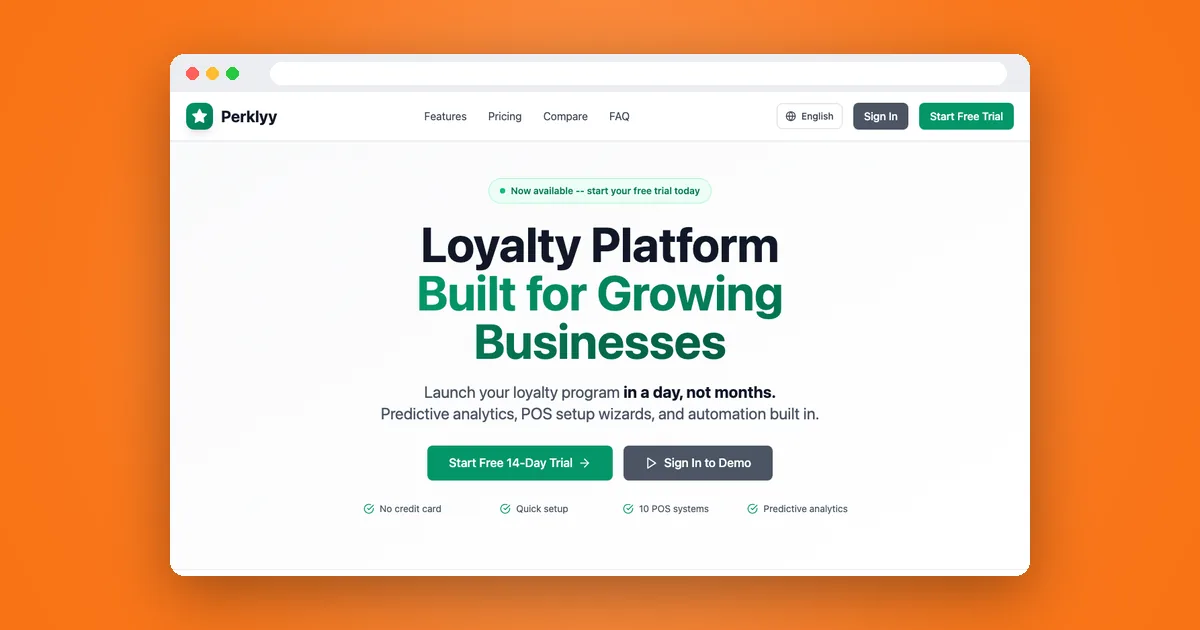 The Perklyy home page in a browser window: "Loyalty Platform Built for Growing Businesses", with a free trial button.