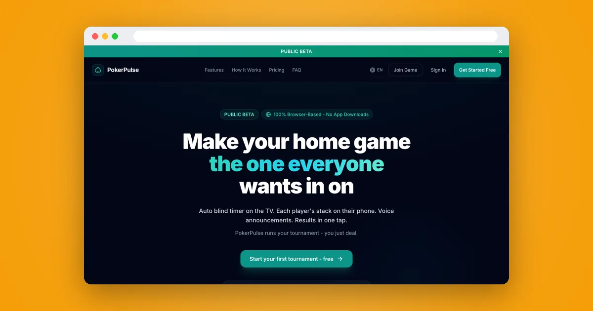 The PokerPulse home page in a browser window: "Make your home game the one everyone wants in on", with a button to start a tournament.