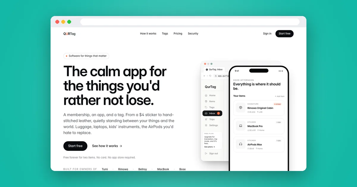 The QuR Tag home page in a browser window: "The calm app for the things you'd rather not lose."