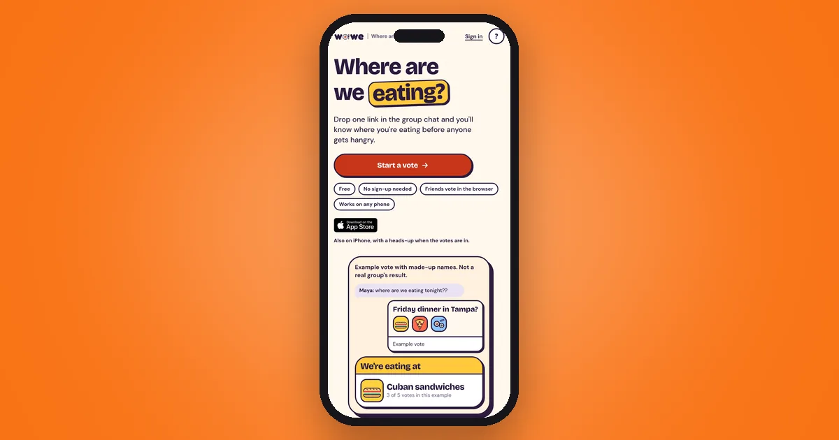 The Where Are We Eating home page on an iPhone: "Where are we eating?", with a button to start a vote.