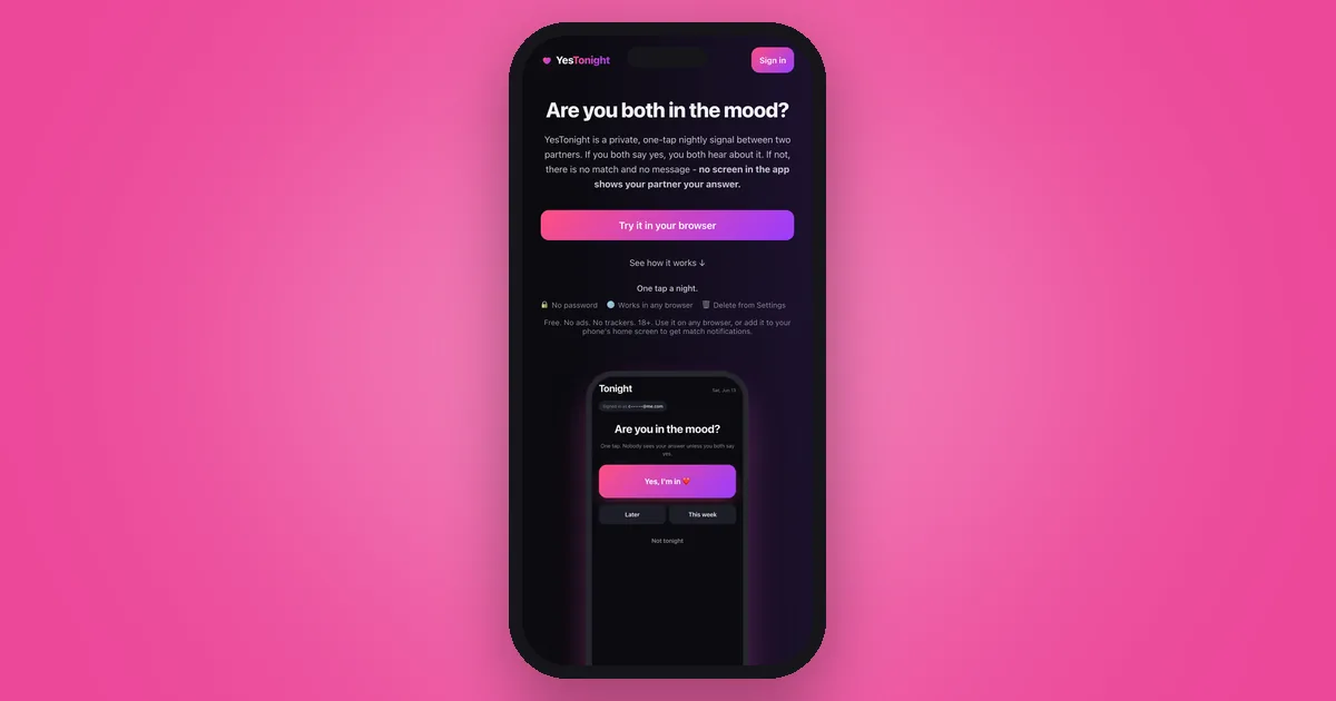 The YesTonight home page on an iPhone: "Are you both in the mood?", with a button to try it in your browser.